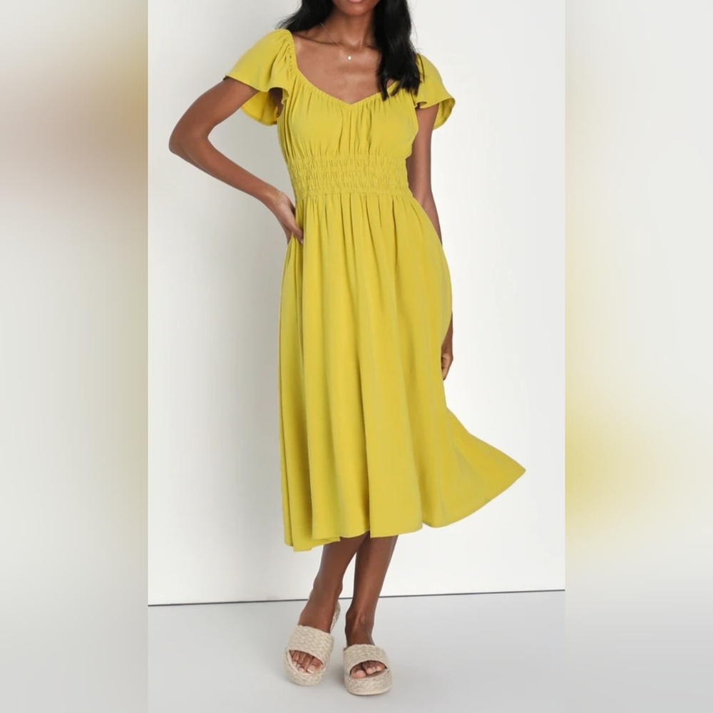 XL LULUS Madrid Memories Chartreuse Linen Midi Dress With Pockets